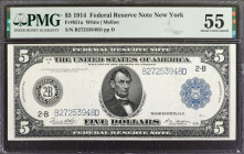 Fr. 851a. 1914 $5 Federal Reserve Note. New York. PMG About Uncirculated 55.

An attractive AU example of this early $5 Federal Reserve Note from th...