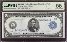 Fr. 851a. 1914 $5 Federal Reserve Note. New York. PMG About Uncirculated 55.

The Federal Reserve Note series began in 1914, and initially appeared ...