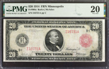 Fr. 960a. 1914 Red Seal $20 Federal Reserve Note. Minneapolis. PMG Very Fine 20.

Light folds, fading and a bit of darkening of the paper are to be ...