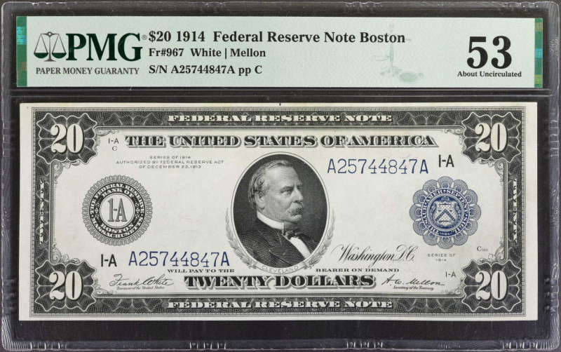 Fr. 967. 1914 $20 Federal Reserve Note. Boston. PMG About Uncirculated 53.

A ...