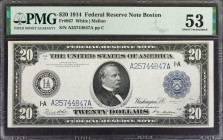 Fr. 967. 1914 $20 Federal Reserve Note. Boston. PMG About Uncirculated 53.

A note that appears bright and fresh and nearly indistinguishable from n...