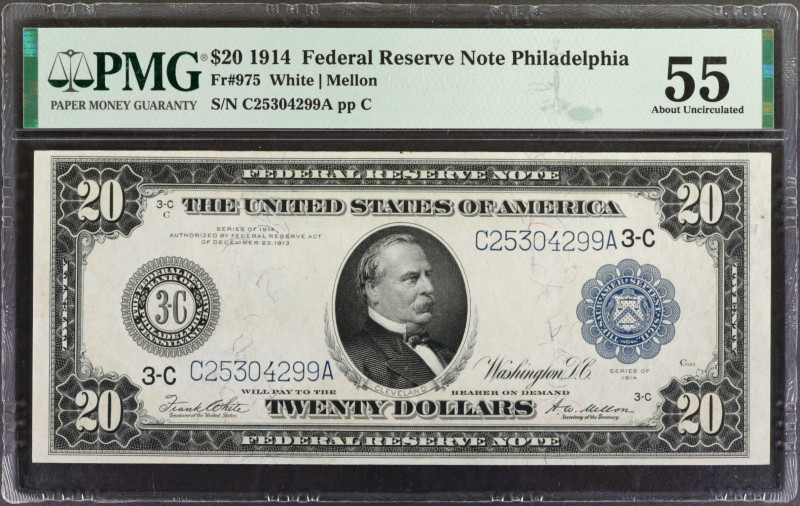 Fr. 975. 1914 $20 Federal Reserve Note. Philadelphia. PMG About Uncirculated 55....