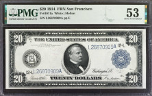 Fr. 1011a. 1914 $20 Federal Reserve Note. San Francisco. PMG About Uncirculated 53.

A very bold and rich printing, exceptionally sharp and attracti...