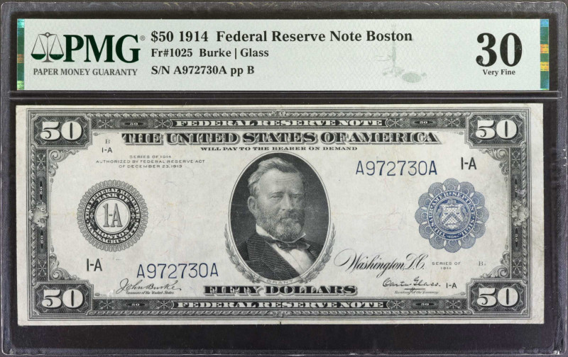 Fr. 1025. 1914 $50 Federal Reserve Note. Boston. PMG Very Fine 30.

A well-cen...