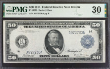 Fr. 1025. 1914 $50 Federal Reserve Note. Boston. PMG Very Fine 30.

A well-centered VF 30 with light to moderate, even wear.

Estimate: $700.00 - ...