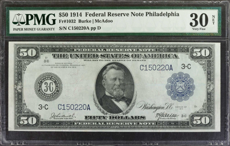 Fr. 1032. 1914 $50 Federal Reserve Note. Philadelphia. PMG Very Fine 30 Net. Rep...