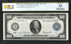 Fr. 1091. 1914 $100 Federal Reserve Note. New York. PCGS Banknote Choice Very Fine 35 Details. Repaired Pinholes, Small Masked Stain.

PCGS Banknote...