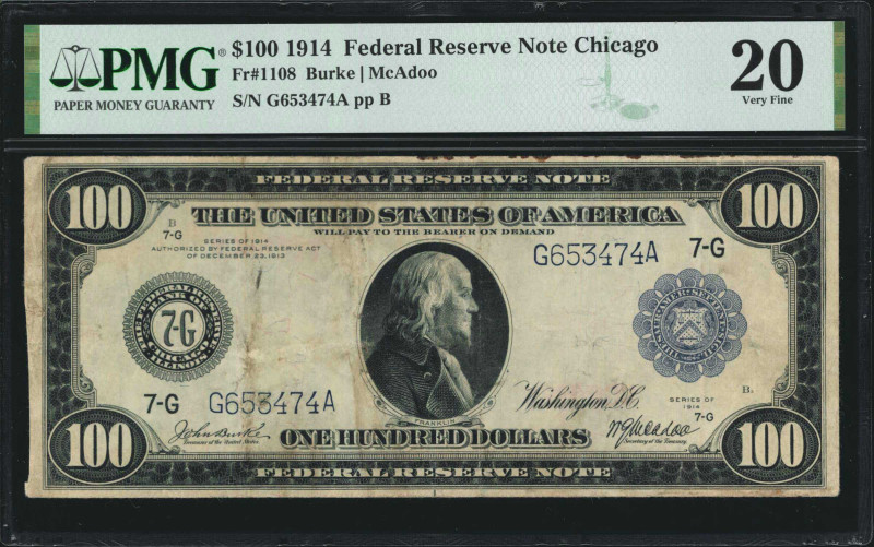 Fr. 1108. 1914 $100 Federal Reserve Note. Chicago. PMG Very Fine 20.

A popula...