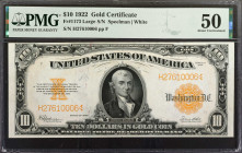 Fr. 1173. 1922 $10 Gold Certificate. PMG About Uncirculated 50.

The large Serial No. variety of this extremely attractive and popular note, this cr...