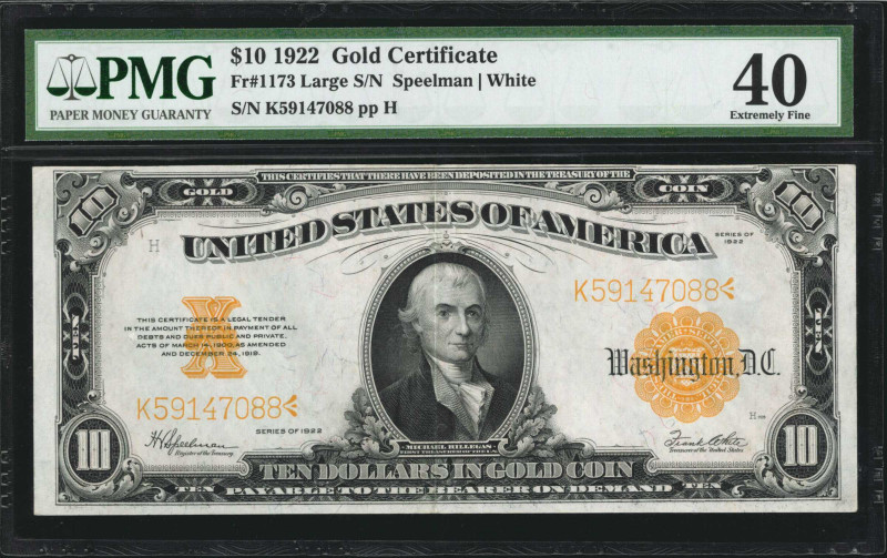 Fr. 1173. 1922 $10 Gold Certificate. PMG Extremely Fine 40.

Large serial numb...