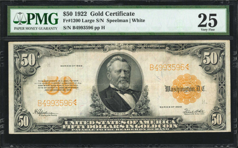 Fr. 1200. 1922 $50 Gold Certificate. PMG Very Fine 25.

Large serial number va...