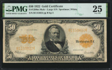 Fr. 1200m. 1922 $50 Gold Certificate Mule Note. PMG Very Fine 25.

Large serial number variety. Back plate 2. Mule. The scarcer of the two mule vari...