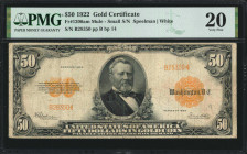 Fr. 1200am. 1922 $50 Gold Certificate Mule Note. PMG Very Fine 20.

Small serial number. Mule. Back plate 14.

Estimate: $700.00 - $900.00