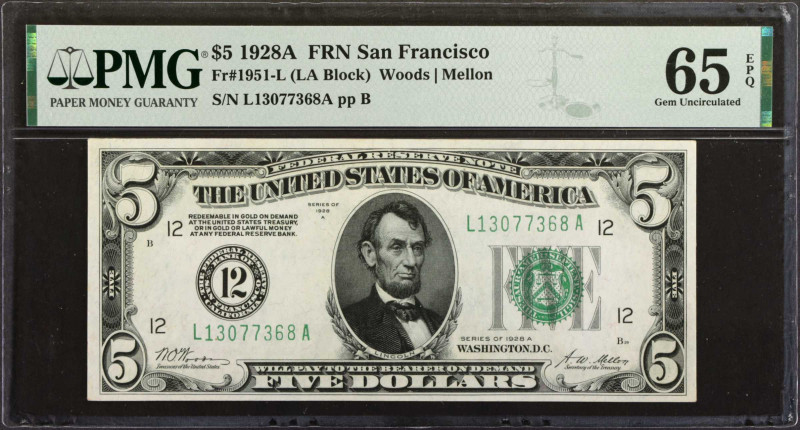 Fr. 1951-L. 1928A $5 Federal Reserve Note. San Francisco. PMG Gem Uncirculated 6...