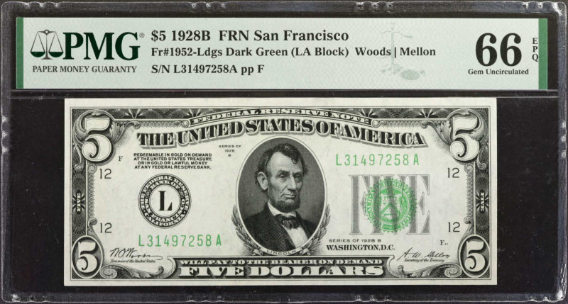 Fr. 1952-Ldgs. 1928B $5 Federal Reserve Note. San Francisco. PMG Gem Uncirculate...