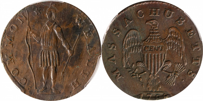 1788 Massachusetts Cent. Ryder 3-A, W-6210. Rarity-4-. Slim Indian, Period After...