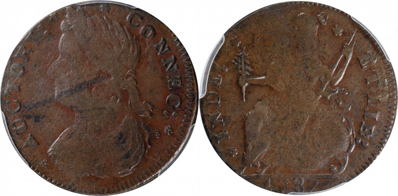 1787 Connecticut Copper. Miller 33.17-r.1, W-3625. Rarity-1. Draped Bust Left, B...