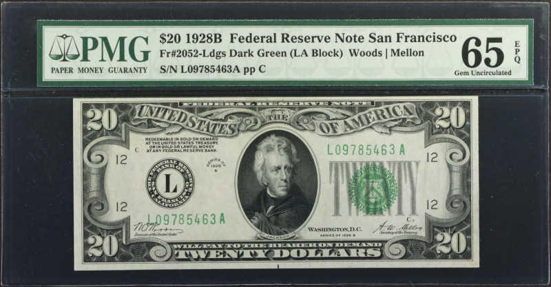 Fr. 2052-Ldgs. 1928B $20 Federal Reserve Note. San Francisco. PMG Gem Uncirculat...