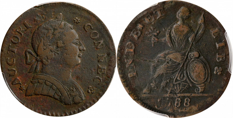 1788 Connecticut Copper. Miller 5-B.2, W-4440. Rarity-4+. Mailed Bust Right. VF-...