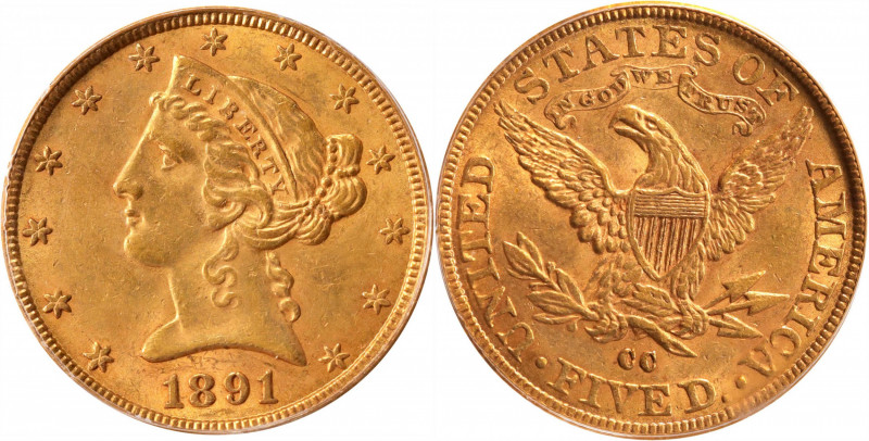 1891-CC Liberty Head Half Eagle. Winter 1-A. AU-50 (PCGS). OGH.

PCGS# 8378. N...