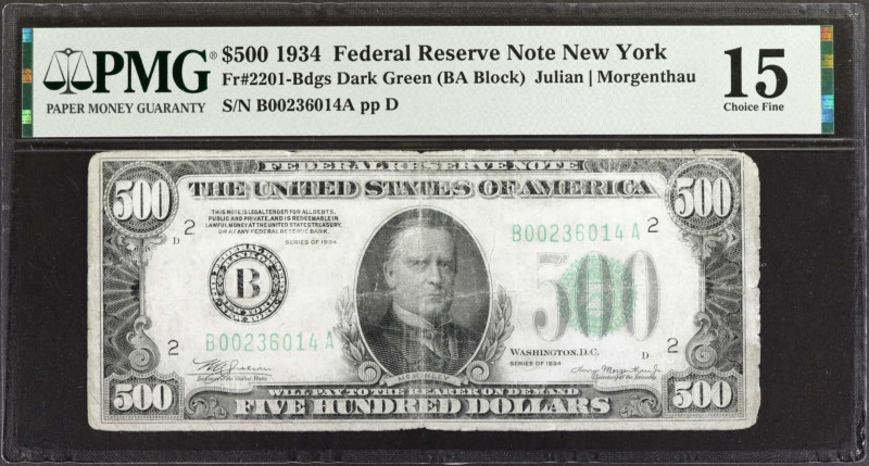 Fr. 2201-Bdgs. 1934 $500 Federal Reserve Note. New York. PMG Choice Fine 15.

...