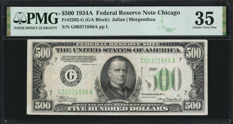 Fr. 2202-G. 1934A $500 Federal Reserve Note. Chicago. PMG Choice Very Fine 35.
...