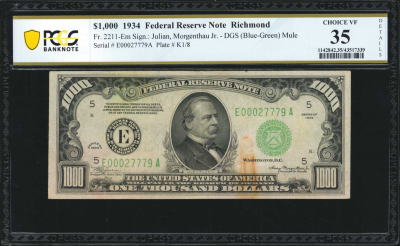 Fr. 2211-Em. 1934 $1,000 Federal Reserve Mule Note. Richmond. PCGS Banknote Choi...