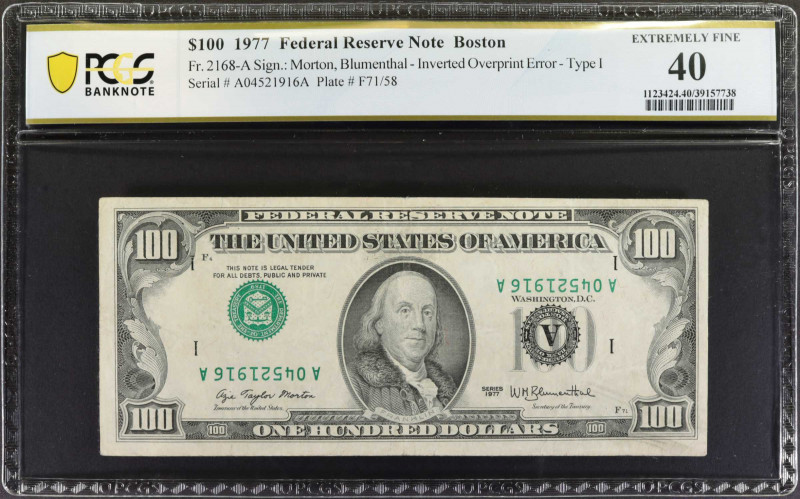 Fr. 2168-A. 1977 $100 Federal Reserve Note. Boston. PCGS Banknote Extremely Fine...