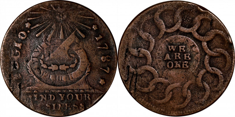 1787 Fugio Cent. Club Rays. Newman 3-D, W-6680. Rarity-3. Rounded Ends. Very Fin...