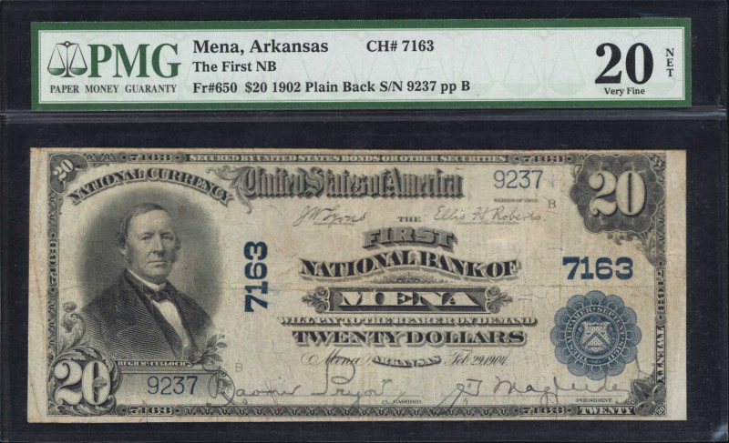 Mena, Arkansas. $20 1902 Plain Back. Fr. 650. The First NB. Charter #7163. PMG V...