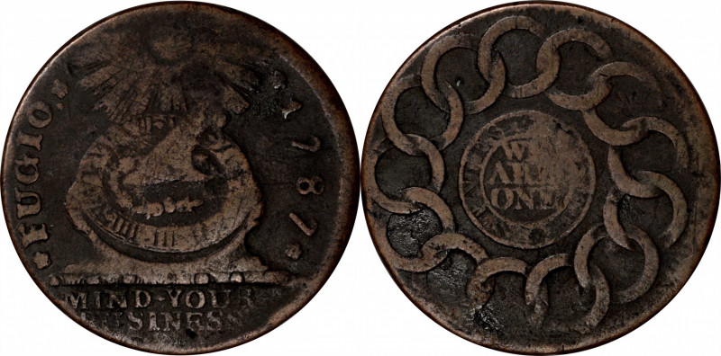 1787 Fugio Cent. Pointed Rays. Newman 19-Z, W-6975. Rarity-5. STATES UNITED, Lab...