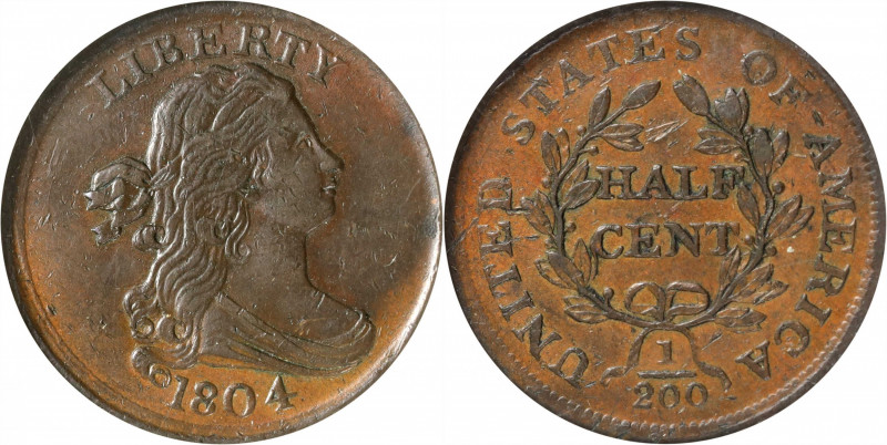 1804 Draped Bust Half Cent. C-13. Rarity-1. Plain 4, Stemless Wreath. AU-50 (ANA...