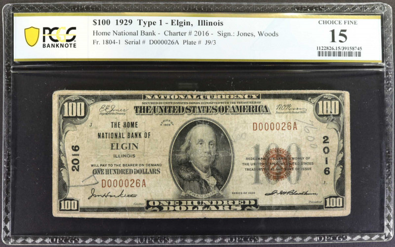 Elgin, Illinois. $100 1929 Ty. 1. Fr. 1804-1. The Home NB. Charter #2016. PCGS B...