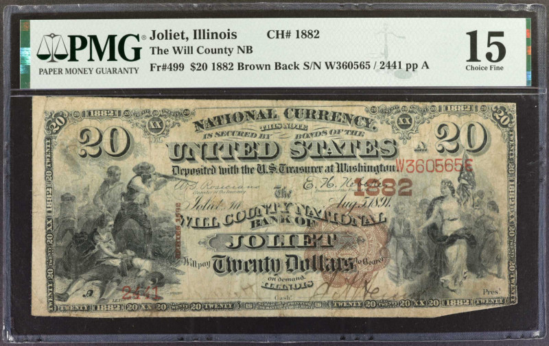 Joliet, Illinois. $20 1882 Brown Back. Fr. 499. The Will County NB. Charter #188...