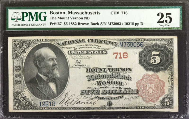 Boston, Massachusetts. $5 1882 Brown Back. Fr. 467. The Mount Vernon NB. Charter...