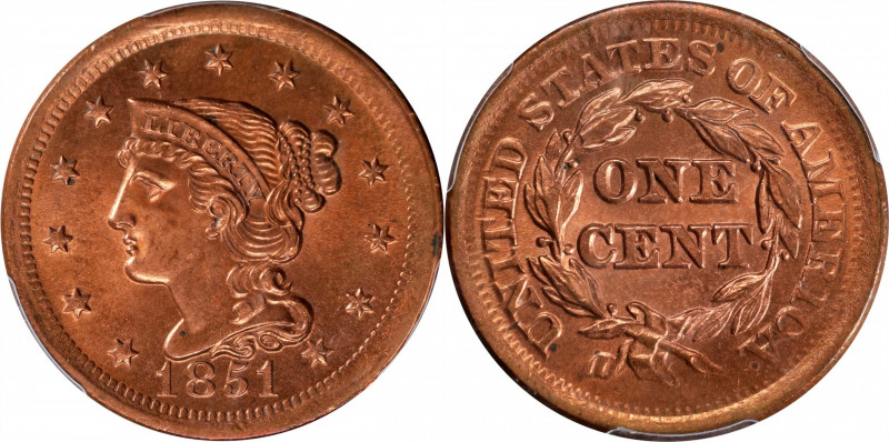 1851 Braided Hair Cent. N-15. Rarity-3. Unc Details--Questionable Color (PCGS)....