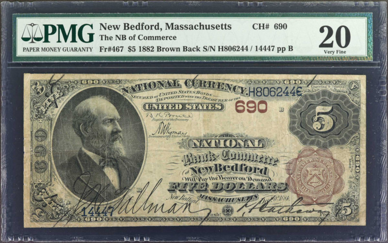 New Bedford, Massachusetts. $5 1882 Brown Back. Fr. 467. The NB of Commerce. Cha...