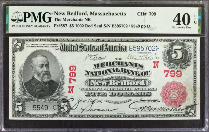 New Bedford, Massachusetts. $5 1902 Red Seal. Fr. 587. The Merchants NB. Charter...