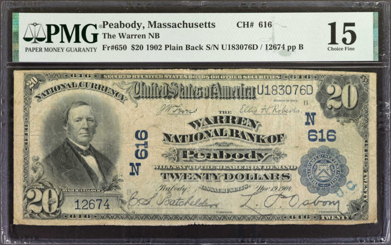 Peabody, Massachusetts. $20 1902 Plain Back. Fr. 650. The Warren NB. Charter #61...