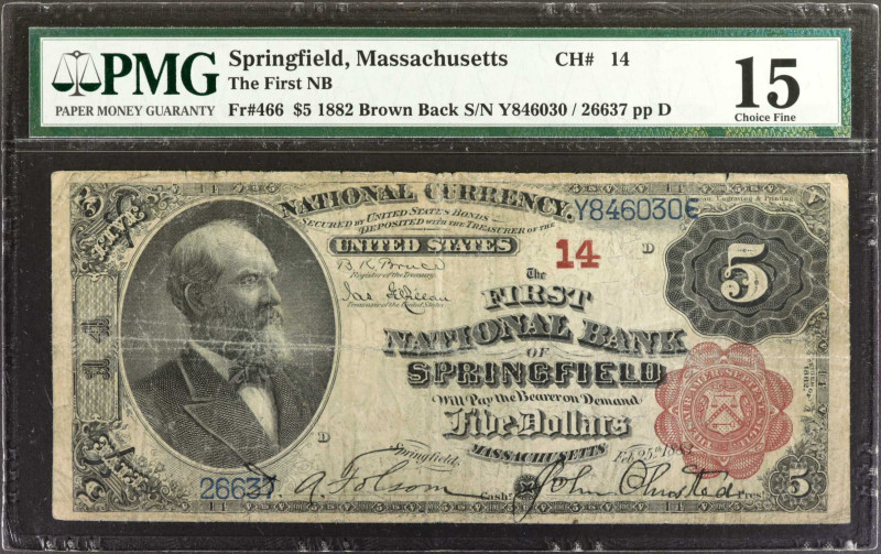 Springfield, Massachusetts. $5 1882 Brown Back. Fr. 466. The First NB. Charter #...