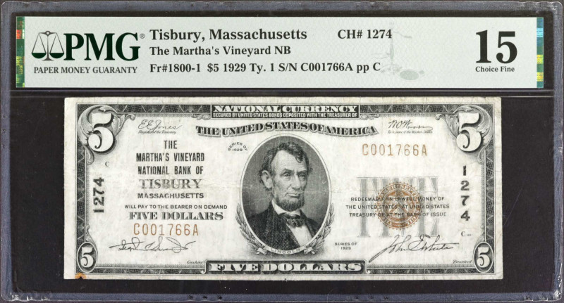 Tisbury, Massachusetts. $5 1929 Ty. 1. Fr. 1800-1. The Martha's Vineyard NB. Cha...