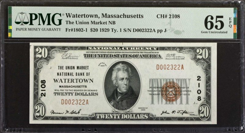 Watertown, Massachusetts. $20 1929 Ty. 1. Fr. 1802-1. The Union Market NB. Chart...