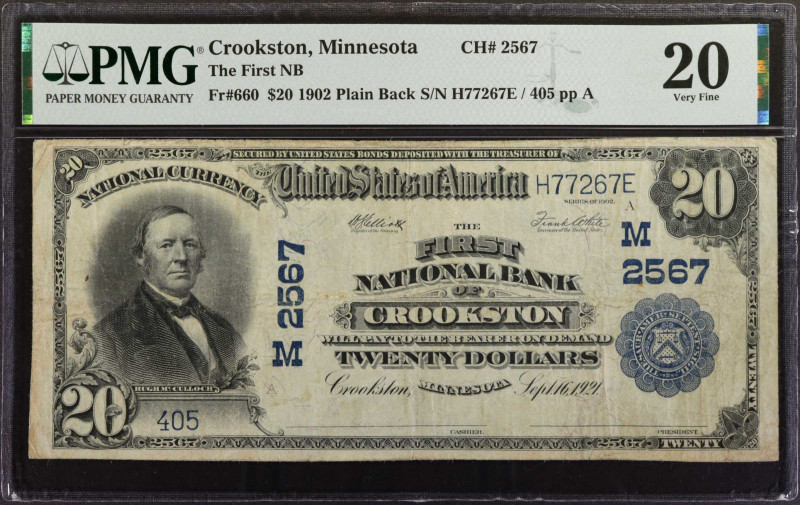 Crookston, Minnesota. $20 1902 Plain Back. Fr. 660. The First NB. Charter #2567....