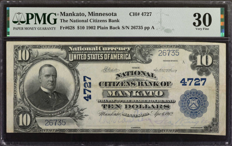 Mankato, Minnesota. $10 1902 Plain Back. Fr. 628. The National Citizens Bank. Ch...