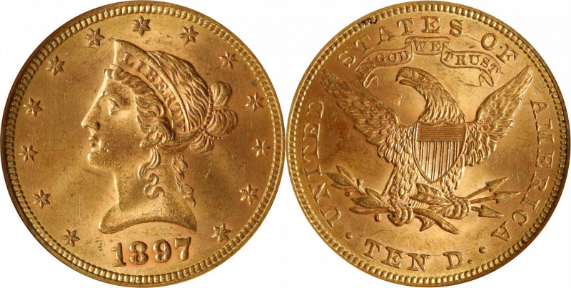 1897 Liberty Head Eagle. MS-63 (NGC).

PCGS# 8737. NGC ID: 267D.

Estimate: ...