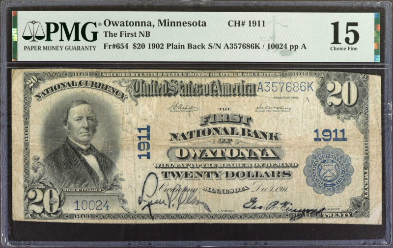 Owatonna, Minnesota. $20 1902 Plain Back. Fr. 654. The First NB. Charter #1911. ...