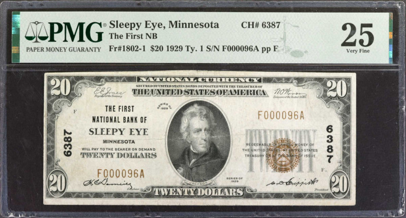 Sleepy Eye, Minnesota. $20 1929 Ty. 1. Fr. 1802-1. The First NB. Charter #6387. ...