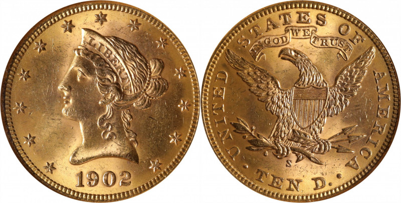 1902-S Liberty Head Eagle. MS-64 (NGC).

PCGS# 8751. NGC ID: 267U.

Estimate...