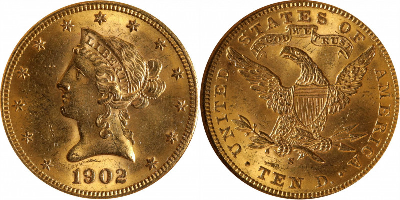 1902-S Liberty Head Eagle. MS-63 (NGC).

PCGS# 8751. NGC ID: 267U.

Estimate...