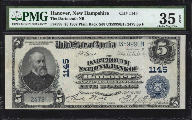 Hanover, New Hampshire. $5 1902 Plain Back. Fr. 598. The Dartmouth NB. Charter #...